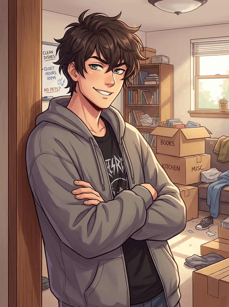 Roommate Chaos — AI visual novel cover art